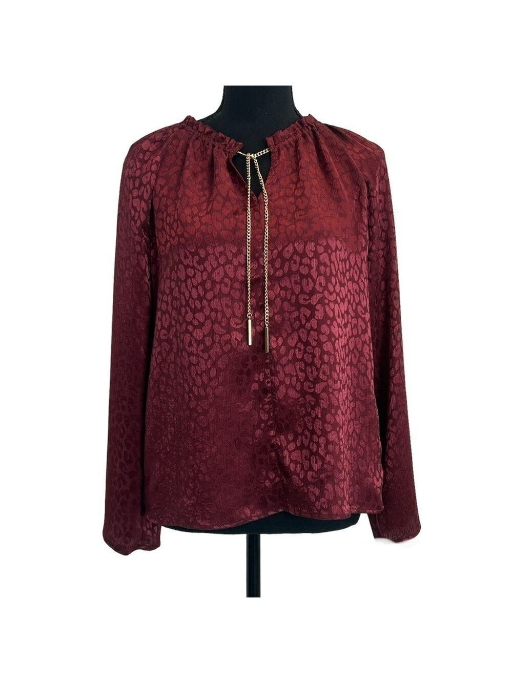 Michael Michael Kors red burgundy leopard cheetah print gold tone chain blouse